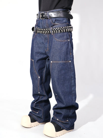 Double Waist Rivet Panel Wide Leg Denim Jeans WN24121