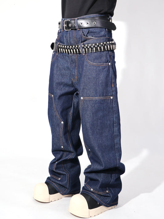 Double Waist Rivet Panel Wide Leg Denim Jeans WN24121