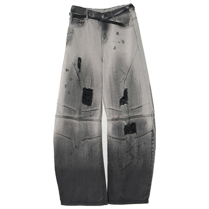 With Tide Belt Heavy Damage Wash Curved Wide Leg Denim Jeans WN24144