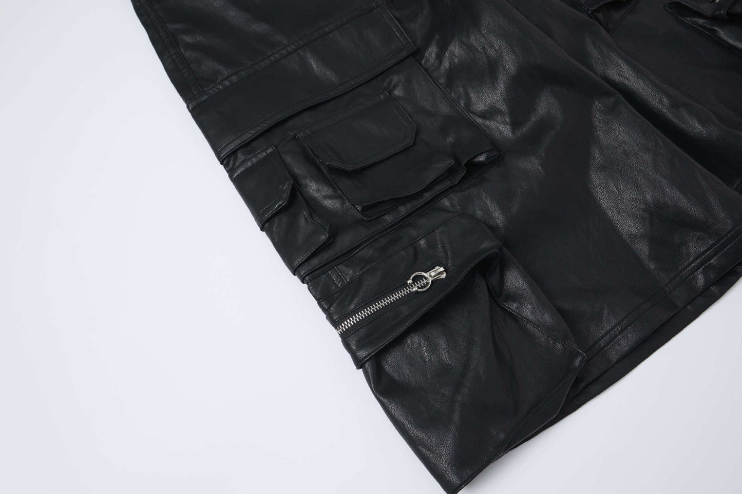PU Leather Pocket Cropped Wide Leg Cargo Hahf Pants WN25652