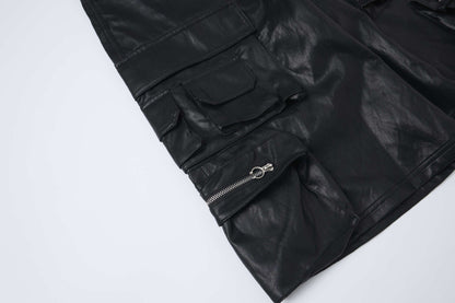 PU Leather Pocket Cropped Wide Leg Cargo Hahf Pants WN25652