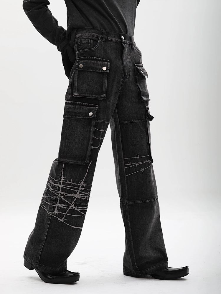 Multi-Pocket Embroidery Wide Leg Straight Cargo Denim Jeans WN18626