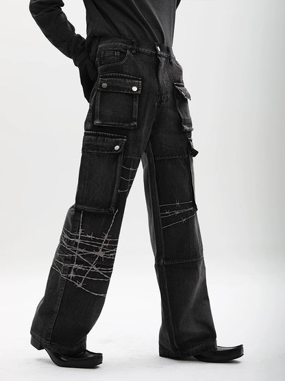 Multi-Pocket Embroidery Wide Leg Straight Cargo Denim Jeans WN18626