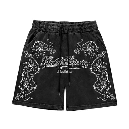 Washed Rhinestone Print Half Pants WN26942