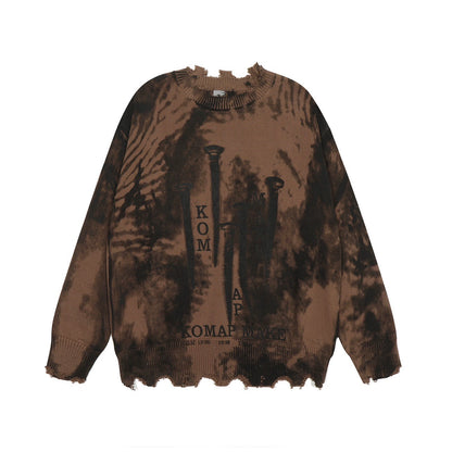 Graffiti Design Damage Raw Hem Oversize Knit Sweater WN10902