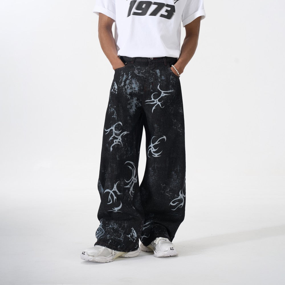 Graffiti Totem Print Wide Leg Denim Jeans WN27881