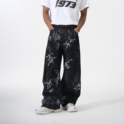 Graffiti Totem Print Wide Leg Denim Jeans WN27881