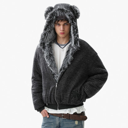 Fake Fur Collar Stripe Zipper Jacket WN28119
