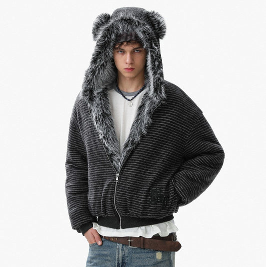 Fake Fur Collar Stripe Zipper Jacket WN28119