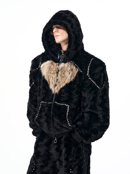Colorblock Heart Thick Fake Mink Fur Hooded Jacket & Straight Wide Leg Pants Setup WN21838