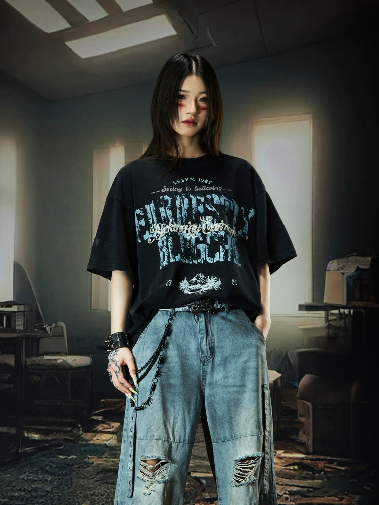 Washed Graphic Letter Print Oversize Short Sleeve T-Shirt WN18495