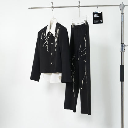 Shoulder-Pad Short Tailored Jacket & Pointed Collar Long Sleeve Shirt & Trousers Setup WN24147