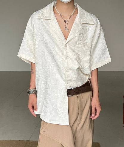 Jacquard Embroidery Embossed Cuban Collar Short Sleeve Shirt WN20026