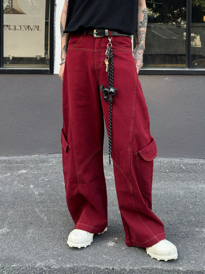 Structure Design Curved Cut Contrast Stitching Wide Leg Denim Jeans WN23018