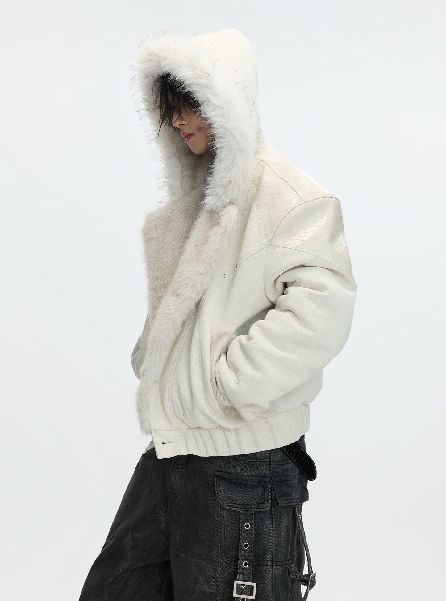 Fake Fur Collar Colorblock PU Leather Hooded Puffer Jacket WN22601