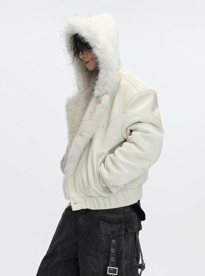 Fake Fur Collar Colorblock PU Leather Hooded Puffer Jacket WN22601