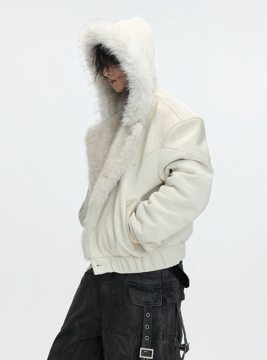 Fake Fur Collar Colorblock PU Leather Hooded Puffer Jacket WN22601