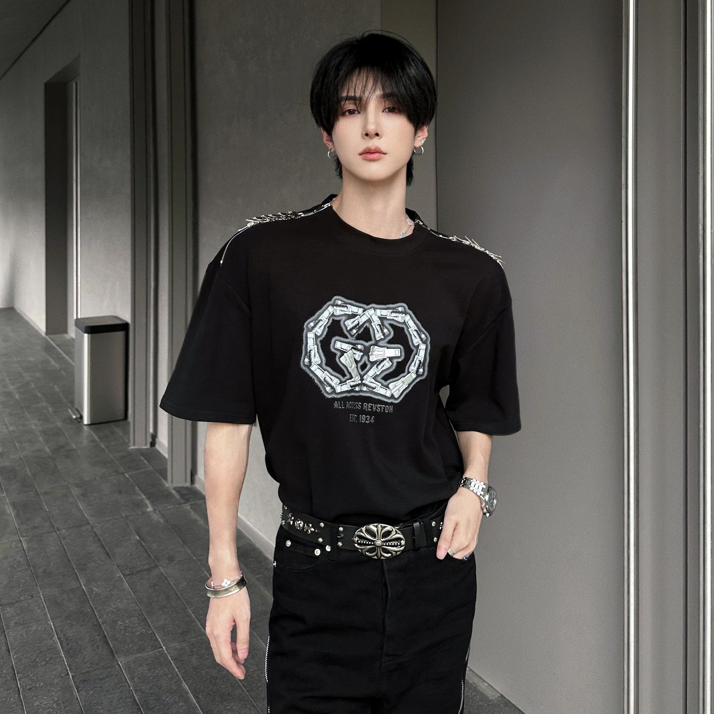 Art Print Spike Studs Short Sleeve T-Shirt WN25046