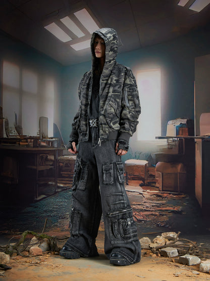 Deconstruction Patchwork Camouflage Hooded Zipper Jacket WN21370