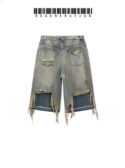 Washed Whisker Patchwork Half Denim Jeans WN19687
