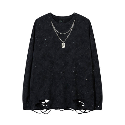 Starry Necklace Raw Hem Damage Long Sleeve T-Shirt WN11216