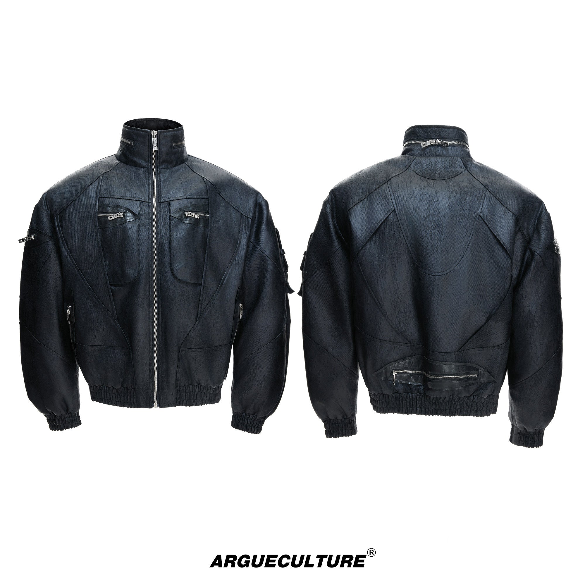 Heavyweight Oil Wax Stand Neck Multi-Zipper PU Leather Jacket