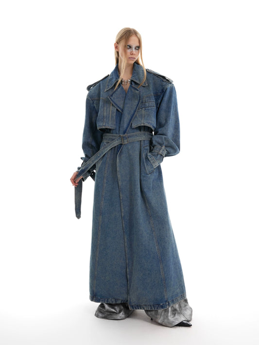 Washed Double Breasted Long Denim Coat WN8684