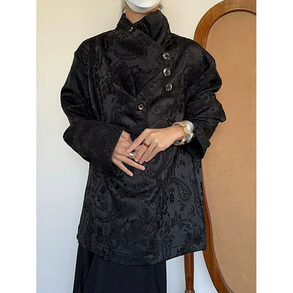 Embroidery Jacquard Asymmetrical Long Sleeve Shirt WN19942