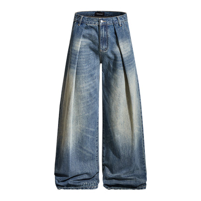 Washed Pleats Damage Wide Leg Denim Jeans WN24468
