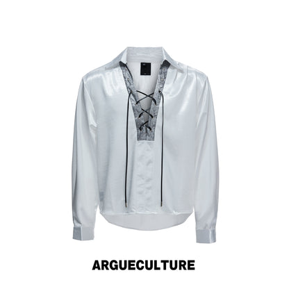 V-Neck Lace-Up Satin Cropped Long Sleeve Shirt WN27038