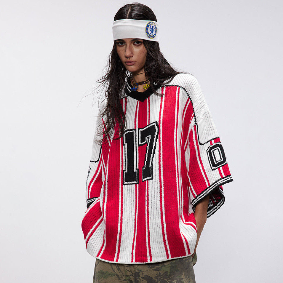 Number Stripe V-Neck Short Sleeve Knit T-shirt WN25630