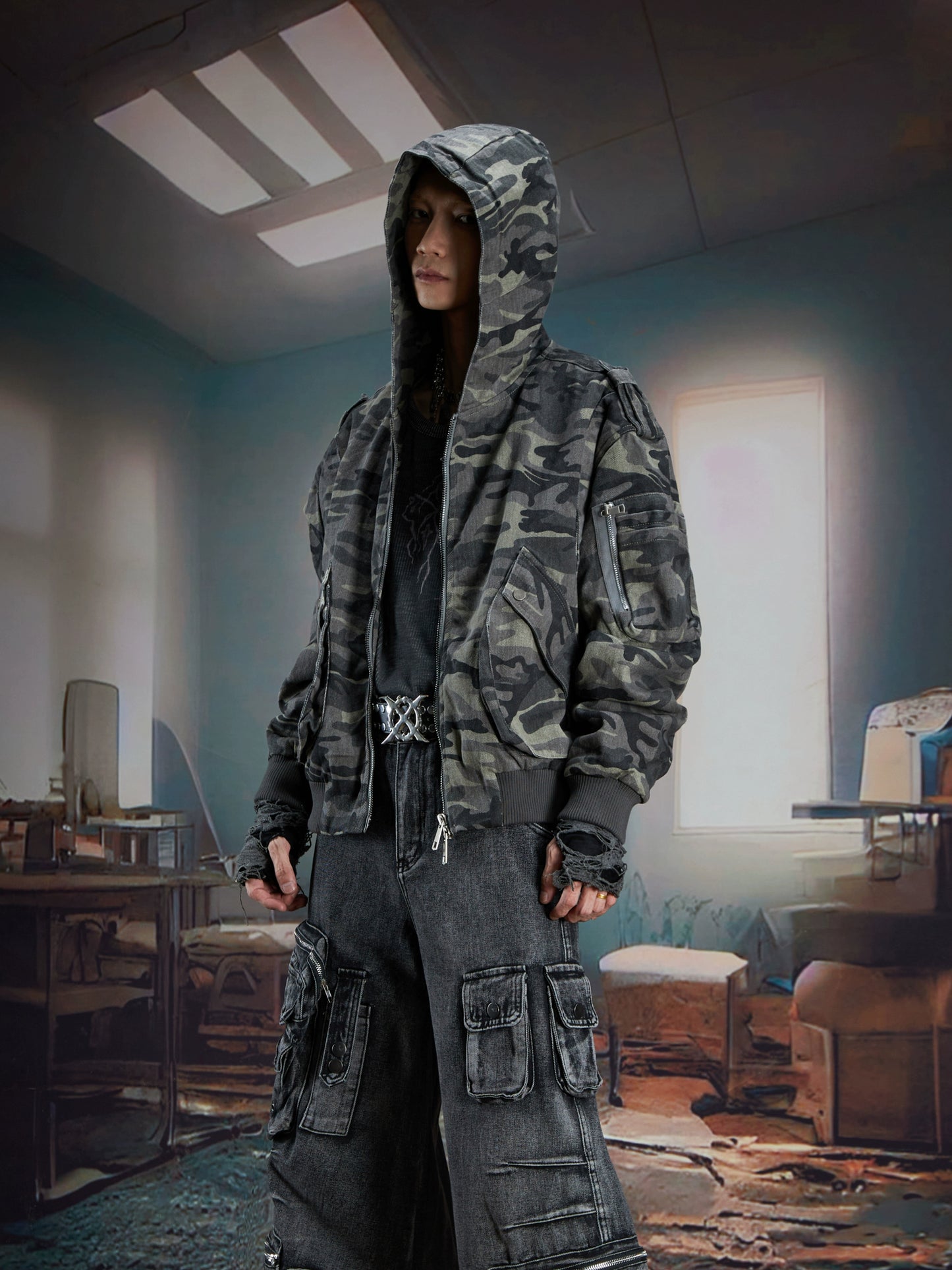 Deconstruction Patchwork Camouflage Hooded Zipper Jacket WN21370