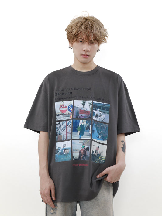 Nine Grid Portrait Print Short Sleeve T-shirt WN7537