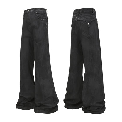 Coated Metal Stud Washed Damage Flare Denim Jeans WN22897
