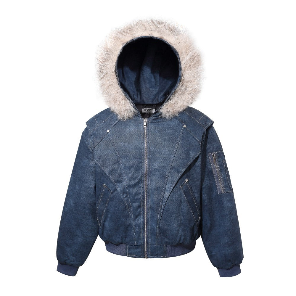 Fake Fur Collar Hooded Denim Jacket WN28101