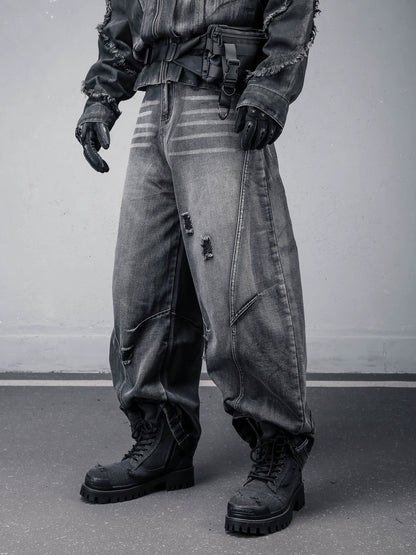 Damage Wash Wide Leg Denim Jeans WN22307