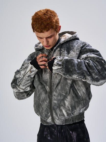 Mud Dye Pleats Hooded Denim Puffer Jacket WN27467