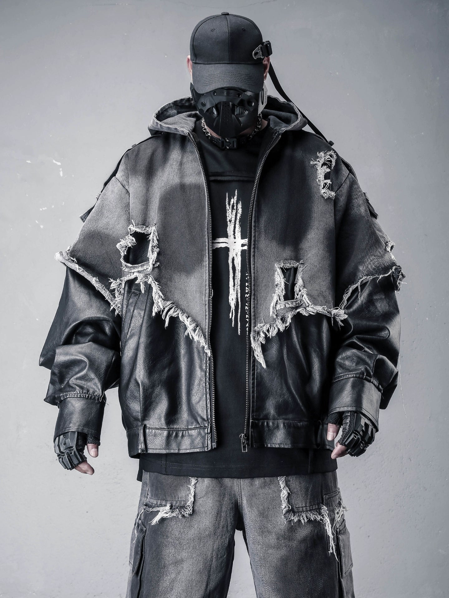 Damage Raw Edge Mix Patch PU Leather Denim Jacket WN22316