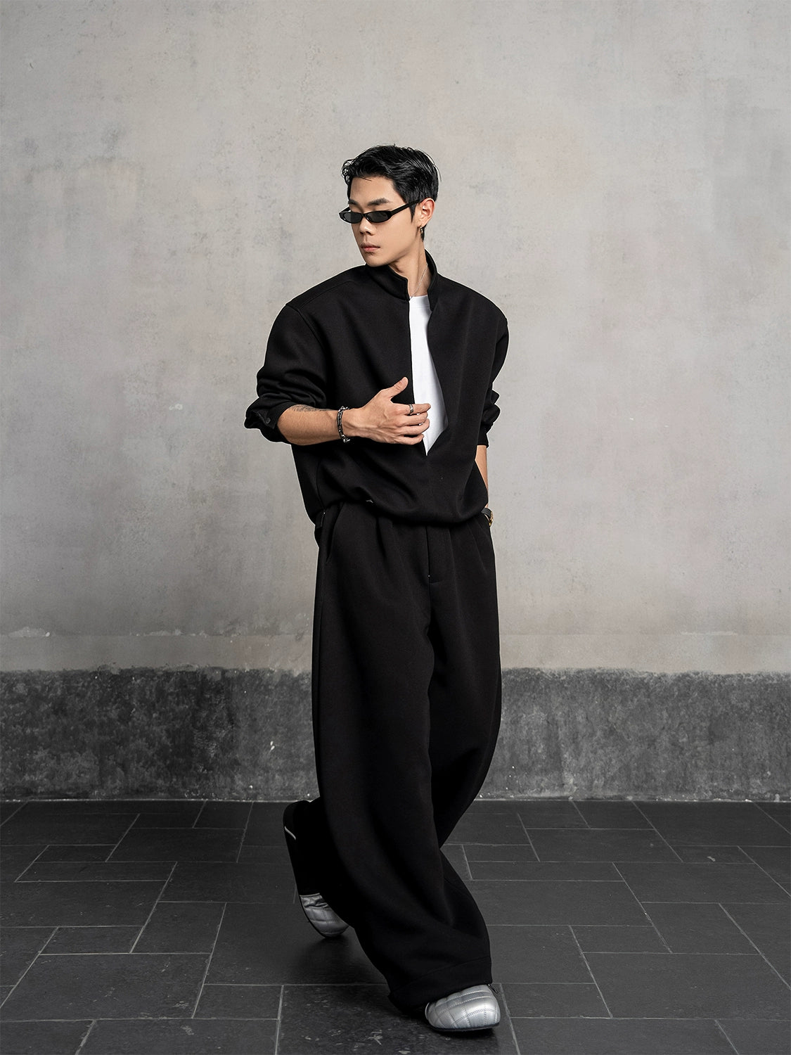 Fake Layered Stand Neck Sweatshirt & Pants Setup WN20870