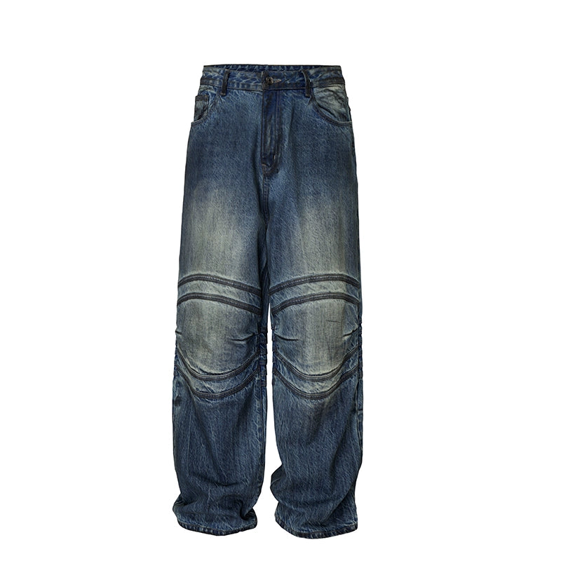 Heavyweight Washed Skeleton-Ruched Wide-Leg Denim Jeans WN12176