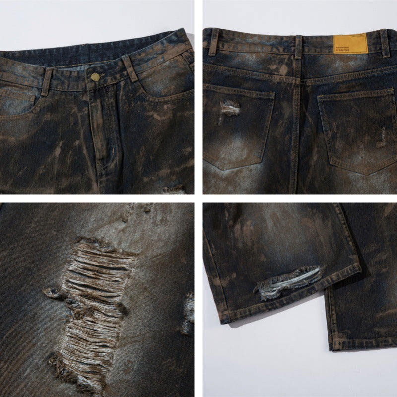 Heavyweight Washed Graffiti Hand-Paint Damage Wide-Leg Denim Jeans WN11386