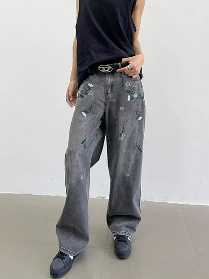 Flower Embroidery Wide-Leg Straight Denim Jeans WN7362