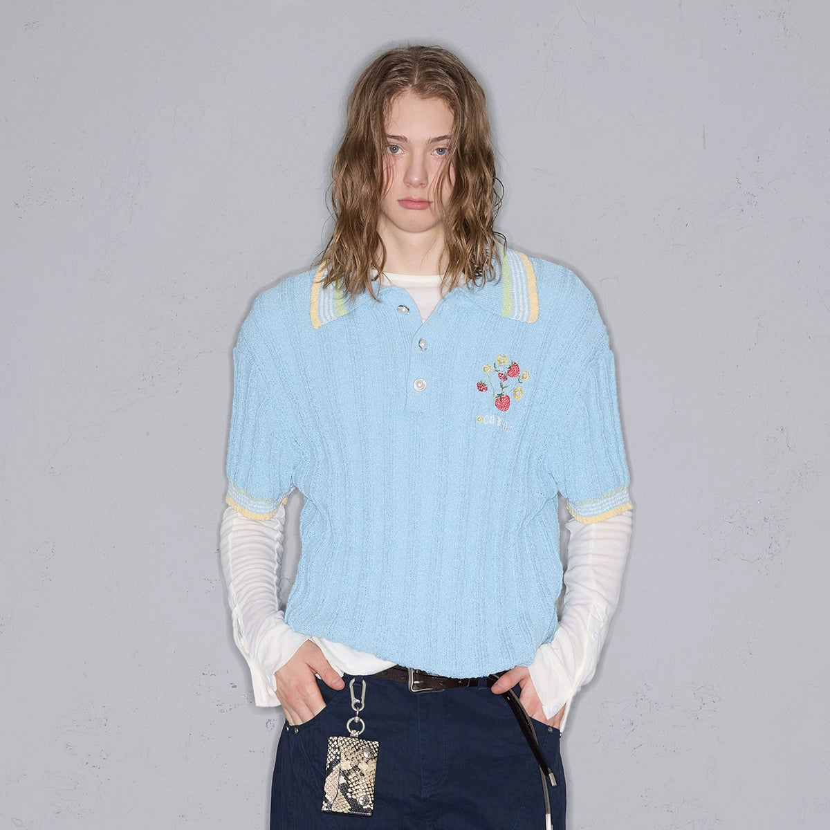 Stripe Glossy Button Embroidery Short Sleeve Polo Shirt WN17829