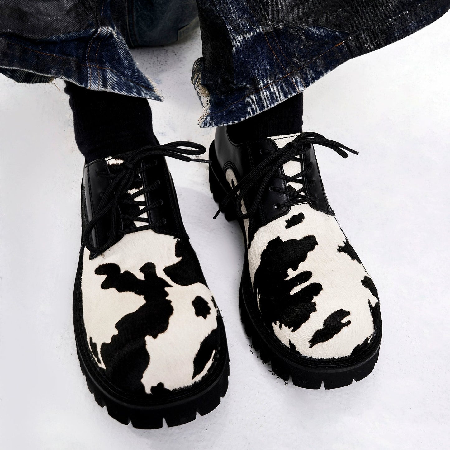 Cow Print Thick Sole Leather Shoes WN21819
