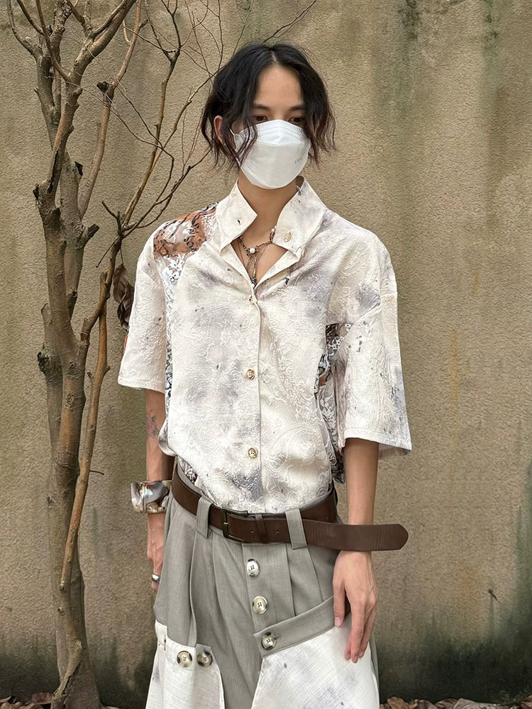 Chinese Style Jacquard Hollow Texture Stand Neck Short Sleeve Shirt WN19997