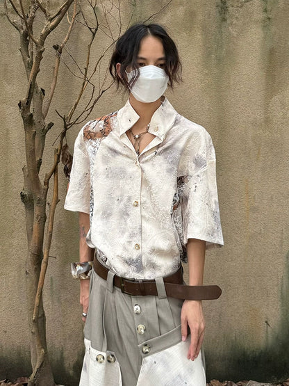 Chinese Style Jacquard Hollow Texture Stand Neck Short Sleeve Shirt WN19997