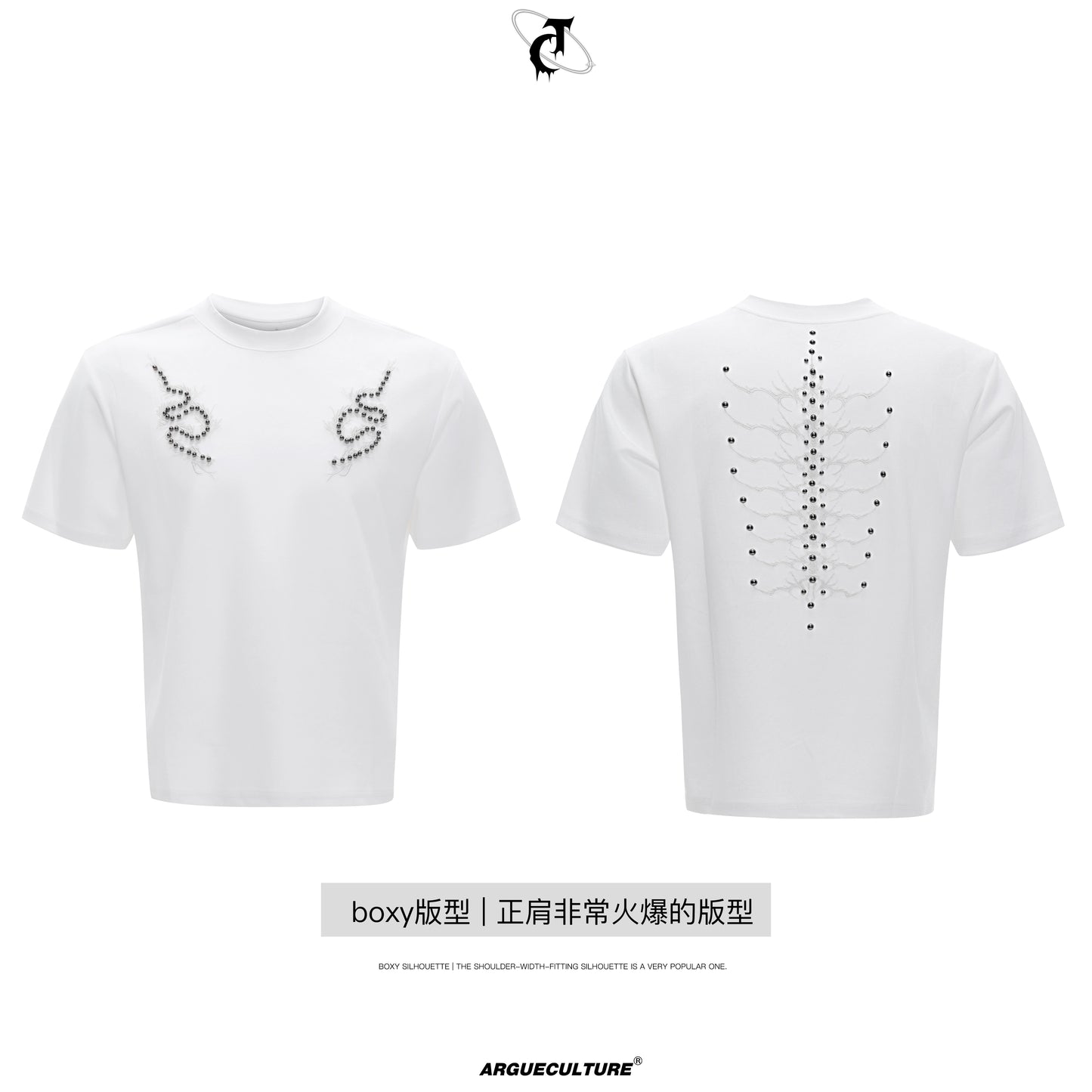 Metal Stud Spine Design Slim Short Sleeve T-Shirt WN18338
