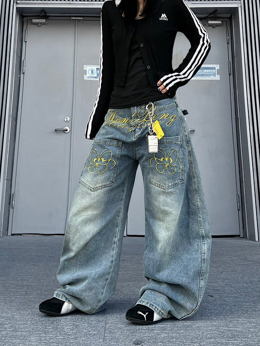 Washed Curved Embroidery Wide Leg Denim Jeans WN24206