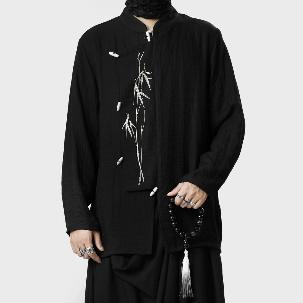 Standing-Collar Asymmetrical Embroidery Long Sleeve Shirt WN20153