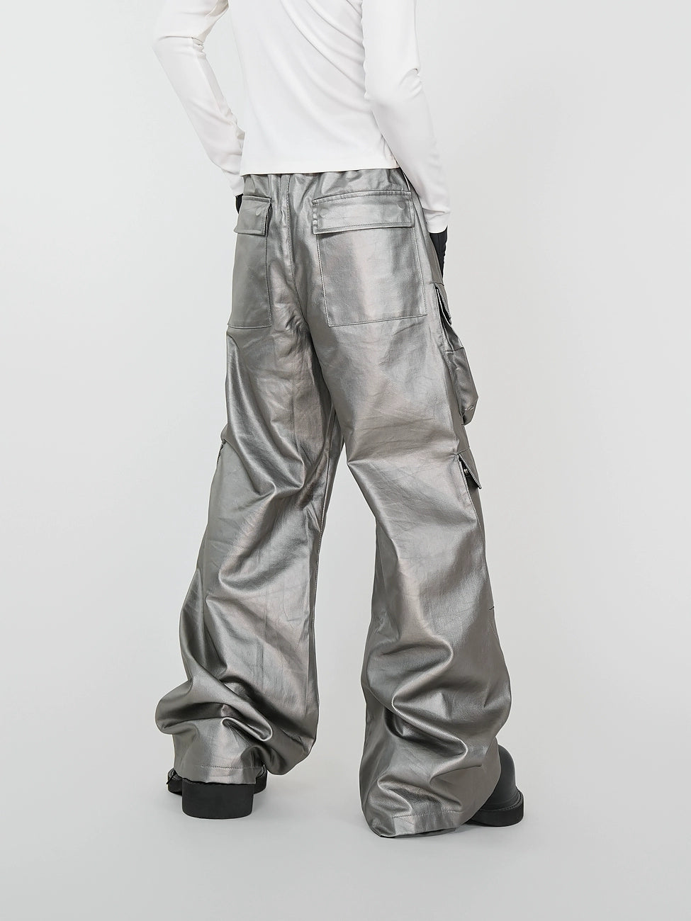 Matte Silver Waxed Coating Wide Leg Cargo Denim Jeans WN17431